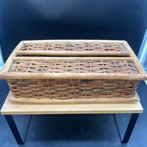 VTG Wicker Rattan Tissue Box Holder Cover Rectangle 11 in. × 6 in. Boho Style.